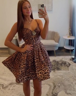 Cutout Cheetah Print Spaghetti Straps A-line Short Hoco Dress HD3821