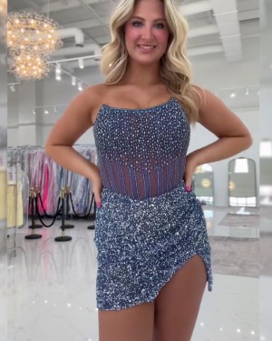 Navy Blue Beaded Bodice Strapless Sequin Tight Short Hoco Dress HD3822