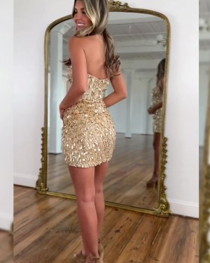 Gold Ruched Sequin Sweetheart Tight Short Hoco Dress HD3824