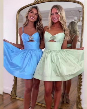 Spaghetti Straps Blue Cutout Ruched Satin A-line Short Hoco Dress HD3826