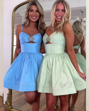 Spaghetti Straps Blue Cutout Ruched Satin A-line Short Hoco Dress HD3826