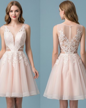 Lace Bodice Light Pink V-neck Tulle A-line Short Hoco Dress HD3831