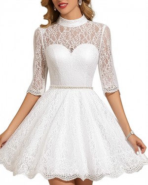 White High Neck Lace A-line Short Hoco Dress with Half Length Sleeves HD3833