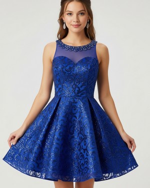 Blue Sequin Jewel Lace A-line Short Hoco Dress HD3836
