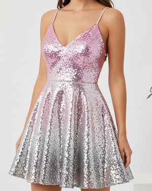Ombre Spaghetti Straps Sequin A-line Short Hoco Dress HD3837