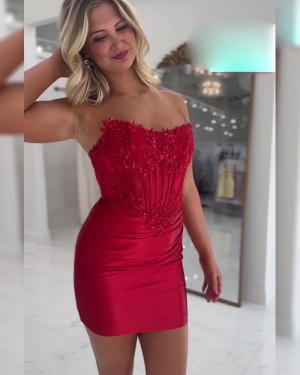 Blue Lace Applique Strapless Tight Short Formal Dress HD3846