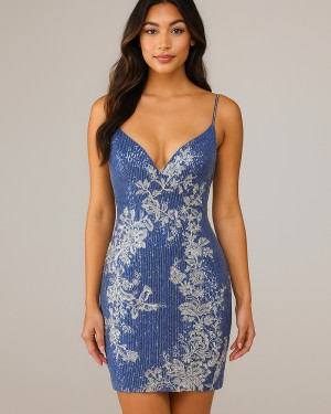 Blue Sequin Tight Spaghetti Straps Short Formal Dress with Lace Applique HD3852