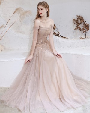 Tulle Nude Off the Shoulder Beading Evening Dress with Long Sleeves HG321015