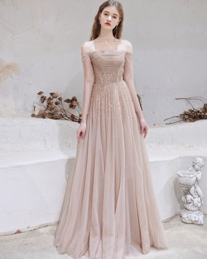 Tulle Nude Off the Shoulder Beading Evening Dress with Long Sleeves HG321015