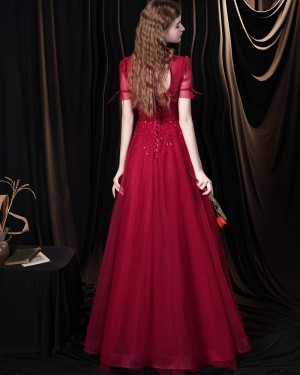 Beading Burgundy Tulle High Neck Evening Dress with Short Sleeves HG361011