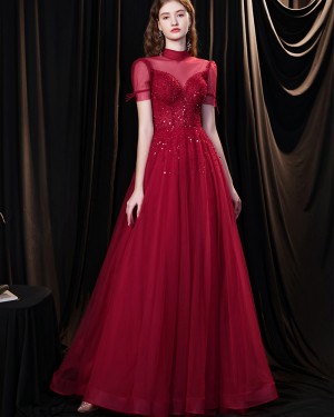 Beading Burgundy Tulle High Neck Evening Dress with Short Sleeves HG361011