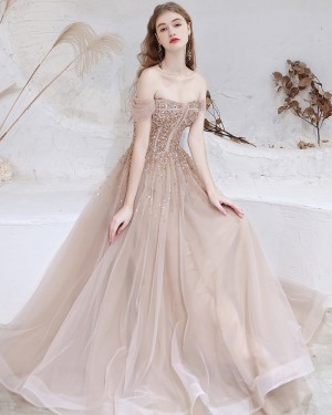 Tulle Beading Off the Shoulder Nude Evening Dress HG361012