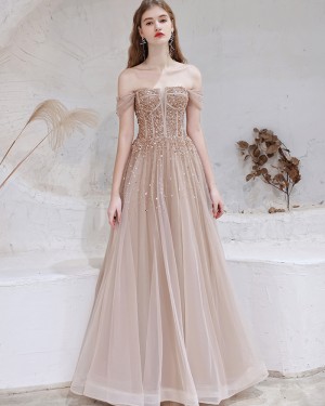 Tulle Beading Off the Shoulder Nude Evening Dress HG361012