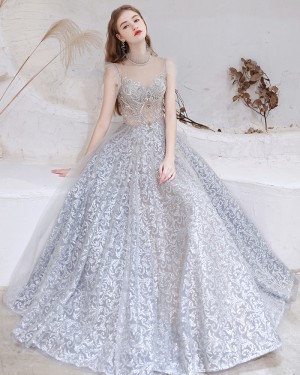Gorgeous Dusty Sequin Lace Blue High Neck Evening Dress with Cap Sleeves HG551020