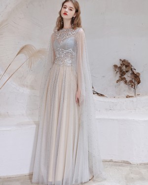 Gorgeous Tulle Beading High Neck Evening Dress with Cape Sleeves HG571016