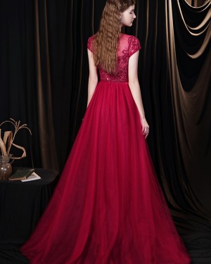 Beading Red Jewel Neck Tulle Evening Dress with Short Sleeves HG691023