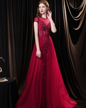 Beading Red Jewel Neck Tulle Evening Dress with Short Sleeves HG691023