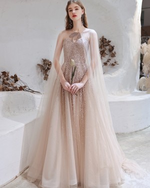 Sweetheart Sequin Tulle Rose Gold Evening Dress with Tulle Cape HG991021