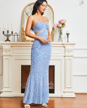 Light Blue Spaghetti Straps Cutout Sequin Evening Dress M02281