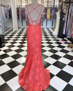 Fuchsia Double Spaghetti Straps Lace Mermaid Long Formal Dress with Side Slit PD1990