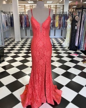 Fuchsia Double Spaghetti Straps Lace Mermaid Long Formal Dress with Side Slit PD1990