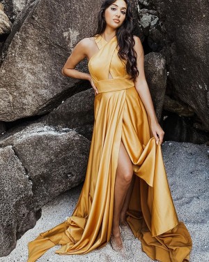 Criss Cross Satin Wax Yellow Simple Long Formal Dress with Side Slit PD1991