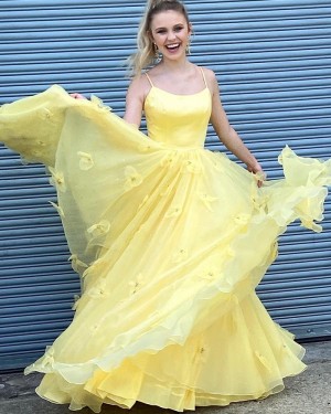 Yellow Spaghetti Straps A-line Long Formal Dress with Handmade Flowers PD1993