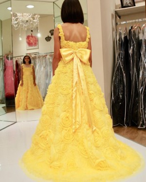 Yellow 3D Flower Lace Square Neckline Long Formal Dress with Bowknot PD1999