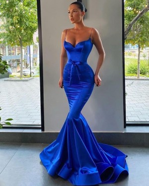 Satin Spaghetti Straps Blue Mermaid Simple Long Formal Dress PD2002