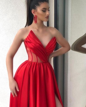 Sweetheart Red Ruched Unique Long Formal Dress with Side Slit PD2006