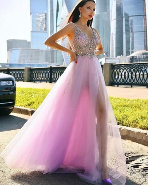 Beading Bodice Mauve Tulle V-neck Long Formal Dress with Side Slit PD2008