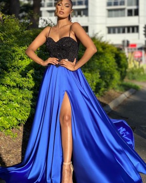 Black & Blue Spaghetti Straps Beading Bodice Long Formal Dress with Side Slit PD2009