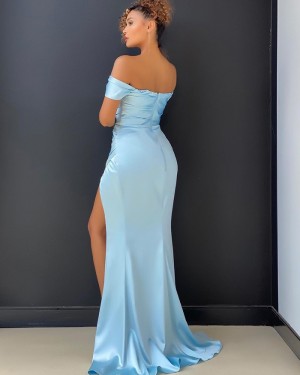 Light Blue Satin Off the Shoulder Long Formal Dress with Side Slit PD2010