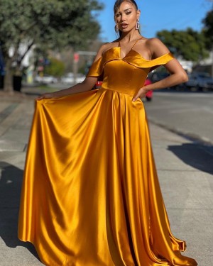 Cold Shoulder Gold Satin Simple Long Formal Dress PD2012