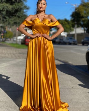 Cold Shoulder Gold Satin Simple Long Formal Dress PD2012