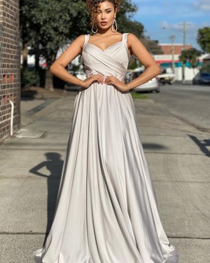 Square Neckline Ruched Grey Satin Simple Long Formal Dress PD2014