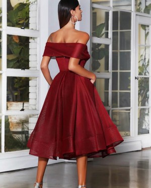 Ruched Burgundy Ankle Length Off the Shoulder Graduation Dress PD2019