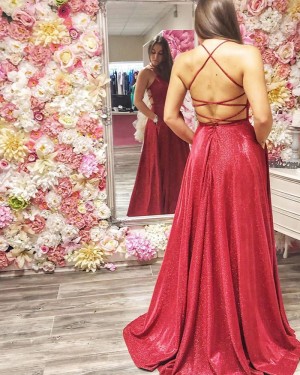 Metallic Red Ruched Spagehtti Straps Long Formal Dress PD2020