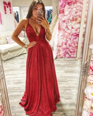 Metallic Red Ruched Spagehtti Straps Long Formal Dress PD2020