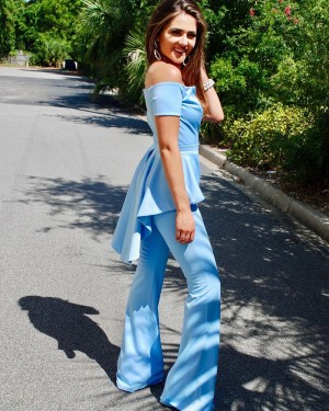 Off the Shoulder Satin Light Blue Unique Jumpsuit with Short Sleeves PD2021