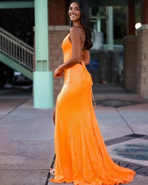 Orange Sequin Mermaid V-neck Long Formal Dress with Side Slit PD2022