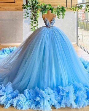 Red Spaghetti Straps Beading Bodice Tulle Ball Gown Long Formal Dress with Handmade Flowers PD2023