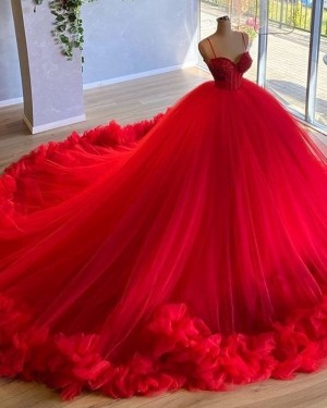 Red Spaghetti Straps Beading Bodice Tulle Ball Gown Long Formal Dress with Handmade Flowers PD2023