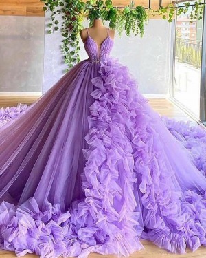 Lavender Beading Bodice Tulle Spaghetti Straps Long Formal Dress with Handmade Flowers PD2030