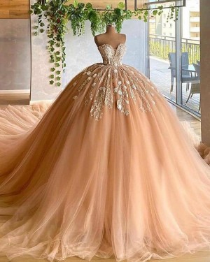 Applique Tulle Pleated Sweetheart Champagne Ball Gown Long Formal Dress PD2033