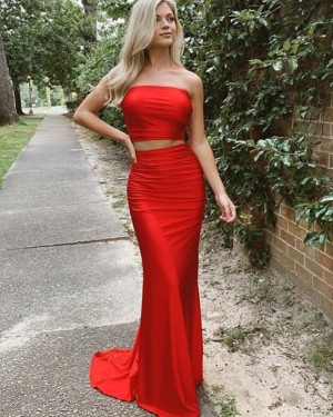 Two Piece Strapless Simple Satin Red Long Formal Dress PD2035
