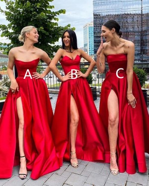 Strapless Red Satin A-line Simple Long Formal Dress with Side Slit PD2037