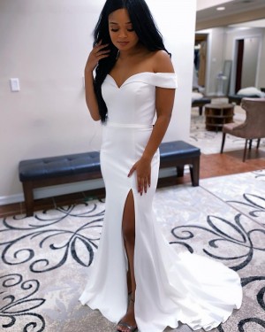 Off the Shoulder White Mermaid Simple Long Formal Dress with Side Slit PD2042