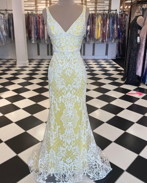 White & Yellow Lace Mermaid V-neck Long Formal Dress PD2044