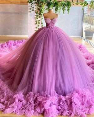 Gorgeous Sweetheart Beading Bodice Tulle Lavender Ball Gown Long Formal Dress with Handmade Flowers PD2048